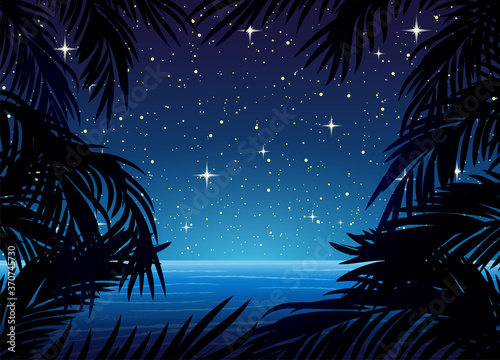 Illustration with palm leaves on the background of the ocean and night starry sky.