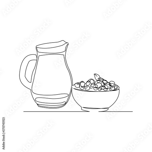 Continuous line drawing of a bowl of cereal breakfast and pitcher of milk. Single line concept of healthy food. Vector illustration