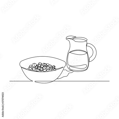 Continuous line drawing of a bowl of cereal breakfast and pitcher of milk. Single line concept of healthy food. Vector illustration