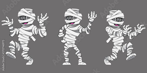 Mummy in different poses. Halloween character in cartoon style.