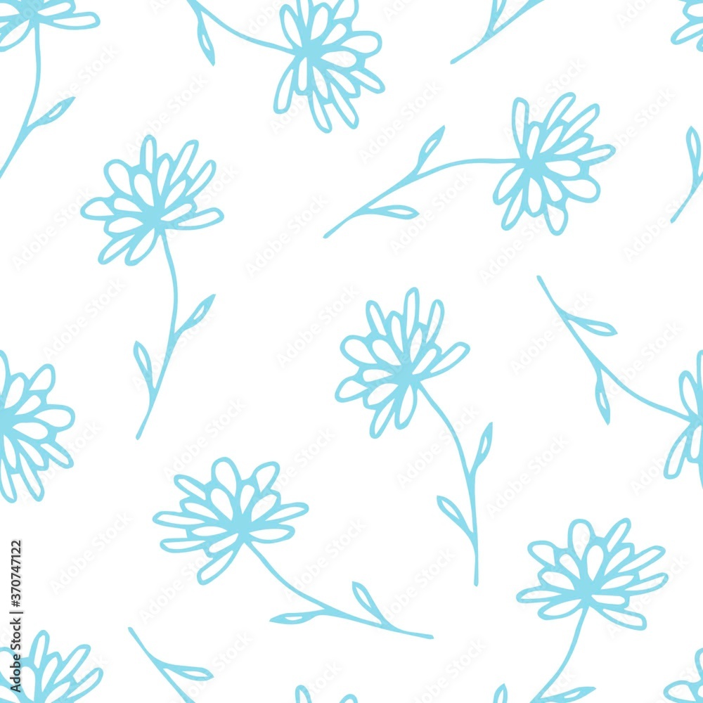 Gentle calm floral vector seamless pattern. Light blue outline of flowers, twigs on a white background. For prints of fabric, textile products, packaging, clothing.