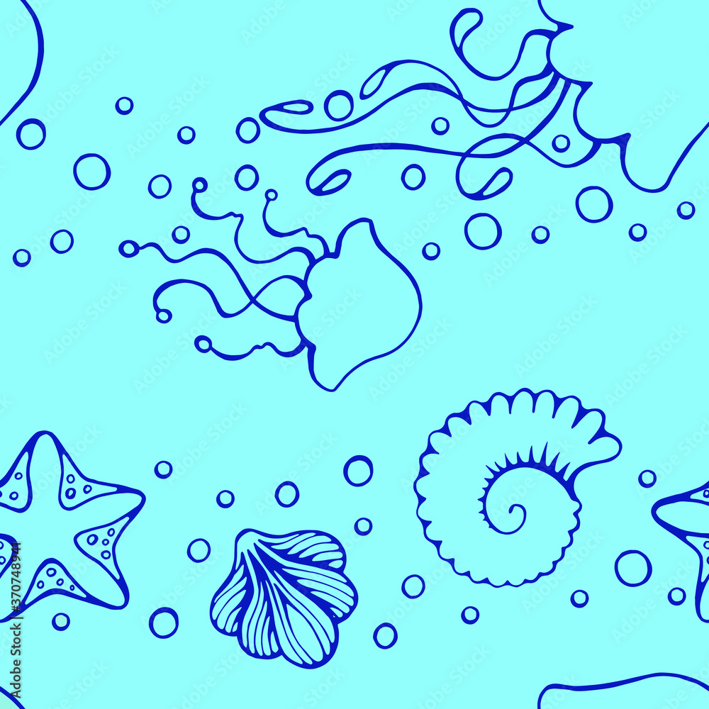 Sea seamless pattern with seashells and jellyfish doodle, vector illustration.