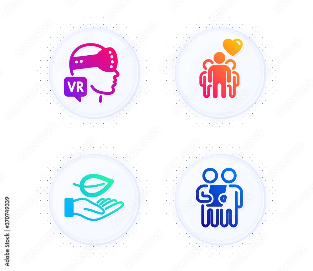 Friendship, Leaf and Augmented reality icons simple set. Button with halftone dots. Survey sign. Trust friends, Plant care, Virtual reality. Contract. People set. Gradient flat friendship icon. Vector Friendship, Leaf and Augmented reality icons simple set. Button with halftone dots. Survey sign. Trust friends, Plant care, Virtual reality. Contract. People set. Gradient flat friendship icon. Vector