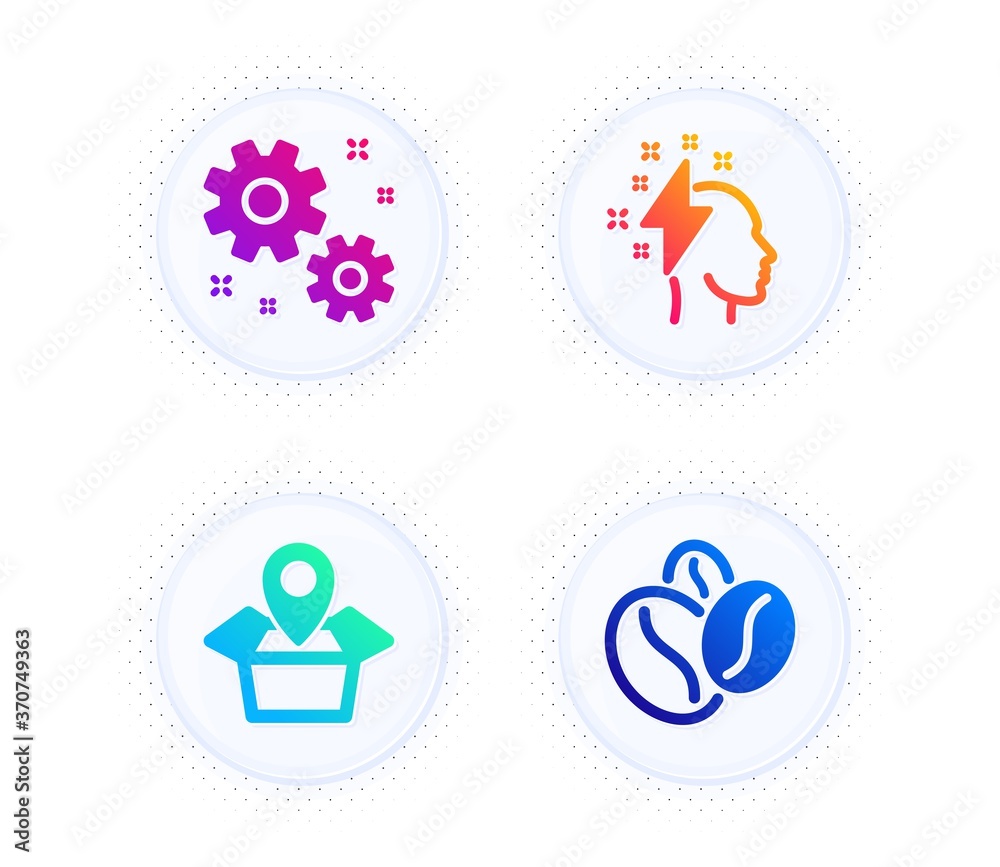 Brainstorming, Work and Package location icons simple set. Button with halftone dots. Coffee beans sign. Lightning bolt, Settings, Delivery tracking. Roasted seeds. Business set. Vector Brainstorming, Work and Package location icons simple set. Button with halftone dots. Coffee beans sign. Lightning bolt, Settings, Delivery tracking. Roasted seeds. Business set. Vector