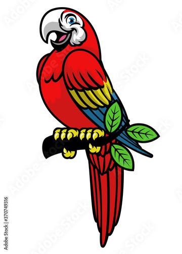 happy scarlett macaw mascot logo