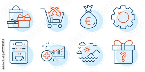 Shopping, Coffee maker and Sea mountains signs. Recovery gear, Money bag and Medical analytics line icons set. Cross sell, Secret gift symbols. Backup info, Euro currency. Business set. Vector