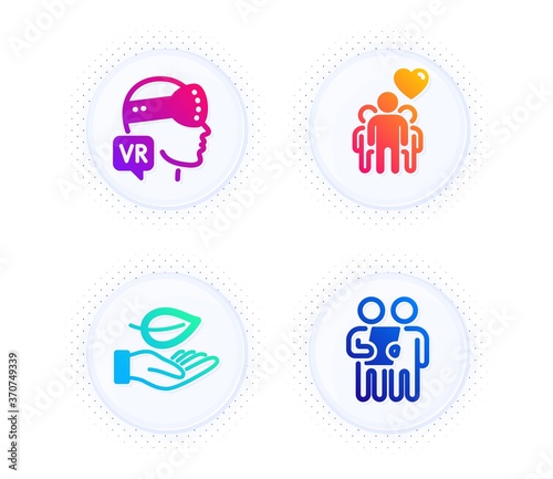Friendship, Leaf and Augmented reality icons simple set. Button with halftone dots. Survey sign. Trust friends, Plant care, Virtual reality. Contract. People set. Gradient flat friendship icon. Vector