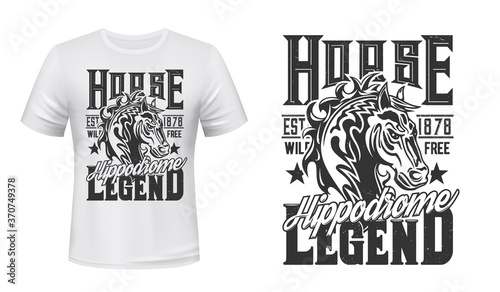 Horse mascot, stallion t-shirt print vector mockup. Racehorse head with ruffled mane and typography. Equestrian show, racing on hippodrome, horse riding club apparel custom design print