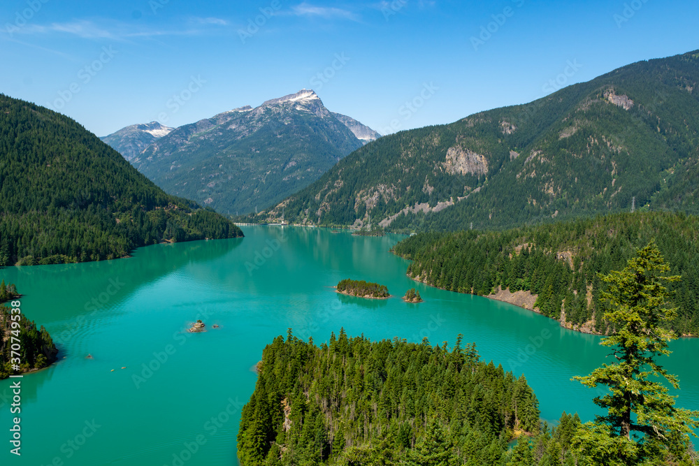 Turquoise river lake dam in mountain valley range national park Northern Cascades Pacific Range Washington, USA