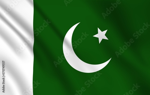 Pakistani flag, Pakistan country national identity, vector design white moon and star on green background. Foreign language learning, international business, travel, realistic 3d waving Pakistan flag