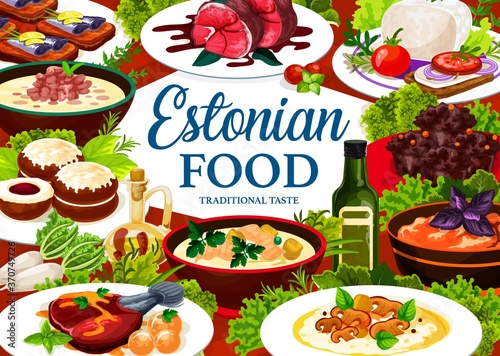 Estonian cuisine vector food meals pork mulqi, milk fish soup, syir, spicy homemade sprat, dark beer pork roast. Cream of mushroom soup, kama flour muffins and fried flounder, Estonia dishes poster