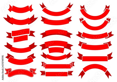 Red ribbons, vector banners. Vintage scrolls, blank tape and band with curled edges and swirls. Festive decoration for winner award, celebration and sale advertisement. Christmas or birthday gift bows