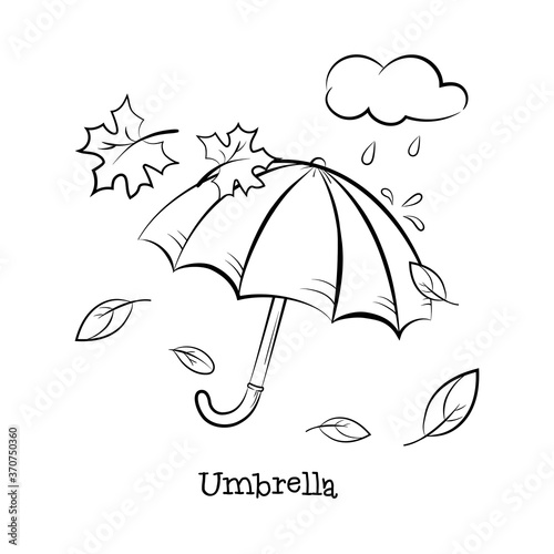 Umbrella in the rain. Contour image for coloring, in cartoon style. Vector illustration isolated on a white background.