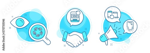 Organic tested, Recovery ssd and Recovery devices line icons set. Handshake deal, research and promotion complex icons. Bio ingredients, Backup info, Backup data. Phone repair. Business set. Vector