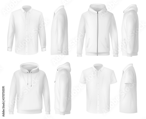 Shirt, polo and hoodie, menswear clothing mockups, vector white 3d templates. Men wear clothing hoody shirt, polo t-shirt and hoodie sweatshirt with hood and front pocket, sportswear or casual apparel