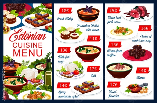 Estonian cuisine vector menu food meals pork mulqi, pancakes butter with cream and milk fish soup. Spicy homemade sprat and dark beer pork roast, mushroom cream soup, fried flounder Estonia dishes