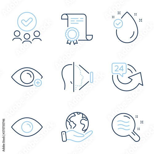 Eye, Face id and Skin condition line icons set. Diploma certificate, save planet, group of people. 24 hours, Vitamin e and Farsightedness signs. Vector