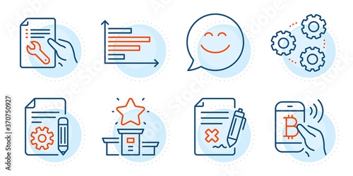 Bitcoin pay, Smile chat and Reject file signs. Horizontal chart, Repair document and Winner podium line icons set. Gears, Documentation symbols. Presentation graph, Spanner tool. Vector