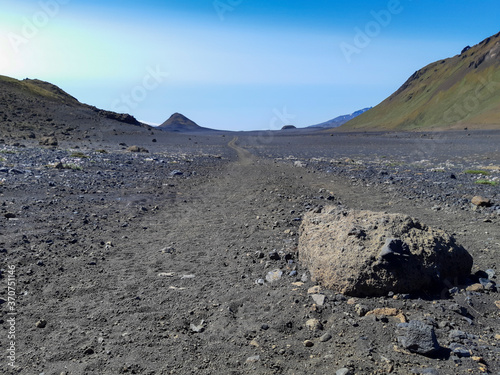 Black volcanic landscape in Katla nature reserve on Laugavegur hiking trail in Iceland.