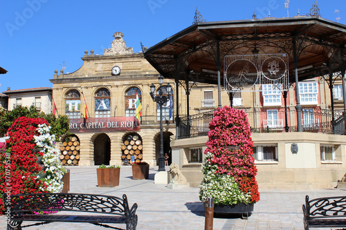 Main square of Haro of with a music kiosk, village in La Rioja (Spain)