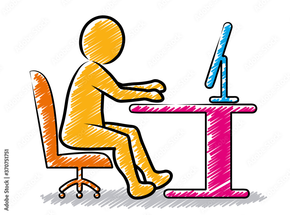 Person sitting at the office table and working on the computer ...