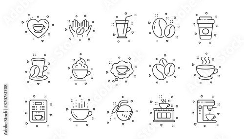 Beans, hot cocktail and coffee maker machine. Coffee line icons. Espresso cup, cappuccino with whipped cream line icons. Latte vending machine and roasted beans. Linear set. Geometric elements. Vector