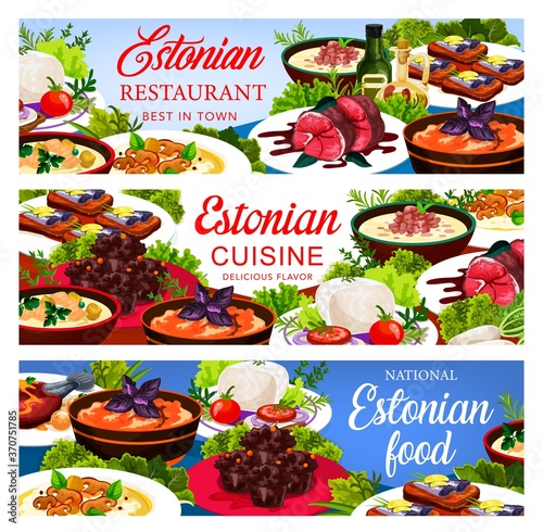 Estonian cuisine vector food pork mulqi, milk fish soup and syir, spicy homemade sprat, dark beer pork roast with mushroom cream soup. Kama flour muffin and fried flounder meal, Estonia dishes banners