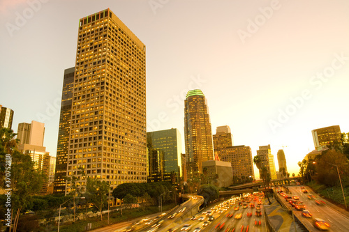 Skyline of downtown Los Angleles and Harbor Freeway