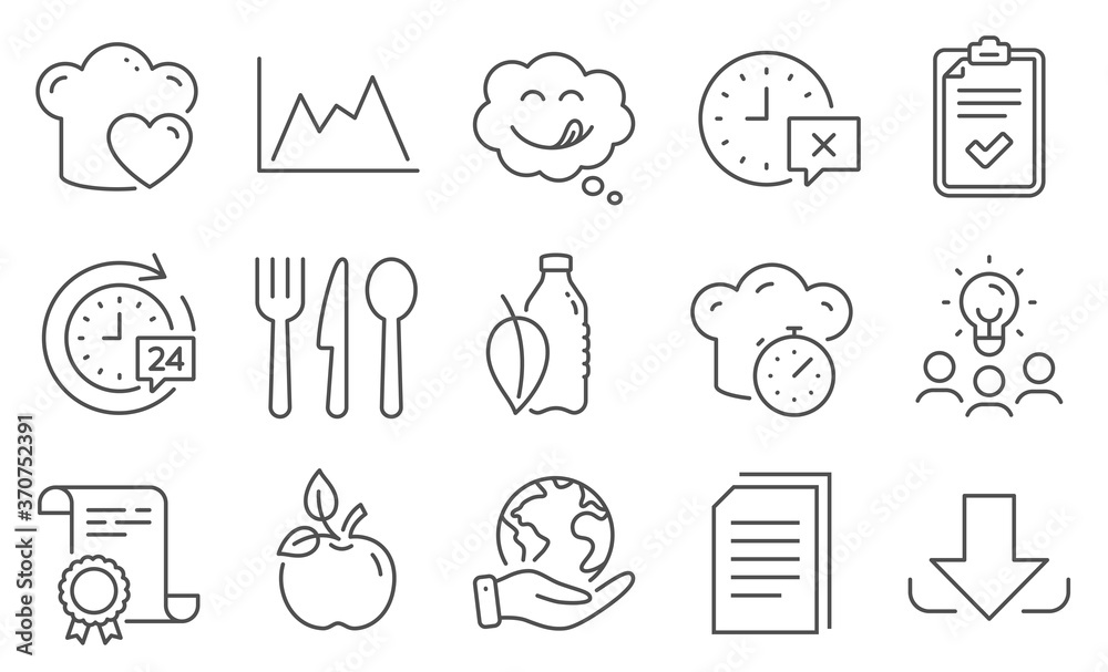 Set of Business icons, such as Yummy smile, Diagram. Diploma, ideas, save planet. Water bottle, Eco food, Checklist. Time, Download, Food. Copy files, 24h delivery, Love cooking. Vector Set of Business icons, such as Yummy smile, Diagram. Diploma, ideas, save planet. Water bottle, Eco food, Checklist. Time, Download, Food. Copy files, 24h delivery, Love cooking. Vector