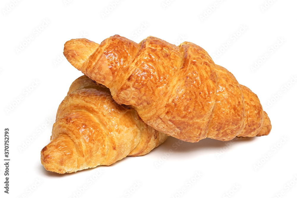 Fresh french croissants with chocolate isolated on white background Continental morning breakfast Top view Flat lay