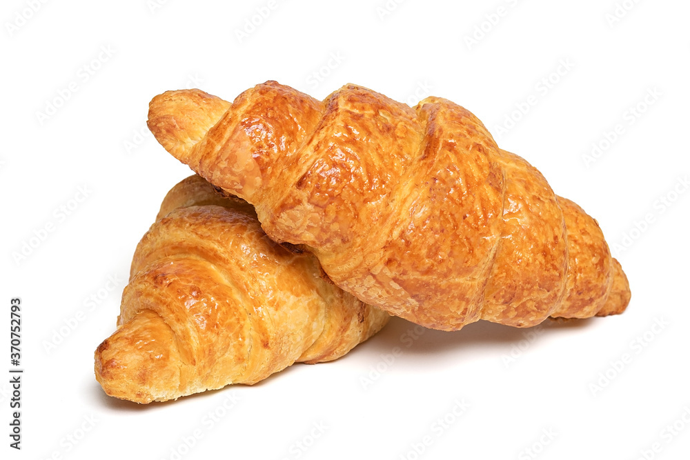 Fresh french croissants with chocolate isolated on white background Continental morning breakfast Top view Flat lay Fresh french croissants with chocolate isolated on white background Continental morning breakfast Top view Flat lay