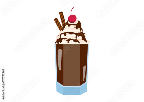 Glass of chocolate milkshake icon vector. Chocolate milkshake with cocoa topping, whipped cream and cherry vector. Chocolate milkshake icon isolated on a white background