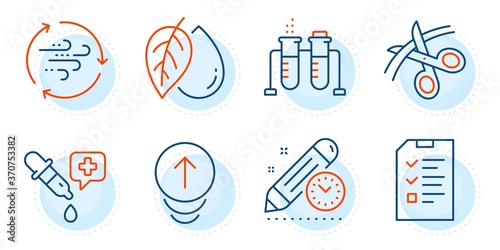 Swipe up, Wind energy and Chemistry beaker signs. Interview, Chemistry pipette and Project deadline line icons set. Scissors, Mineral oil symbols. Checklist file, Laboratory. Science set. Vector