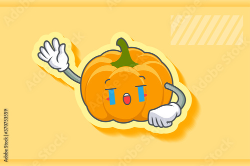 CRYING, SAD, SOB, CRY Face Emotion. Waving Hand Gesture. Yellow, Orange Pumpkin Fruit Cartoon Drawing Mascot Illustration.