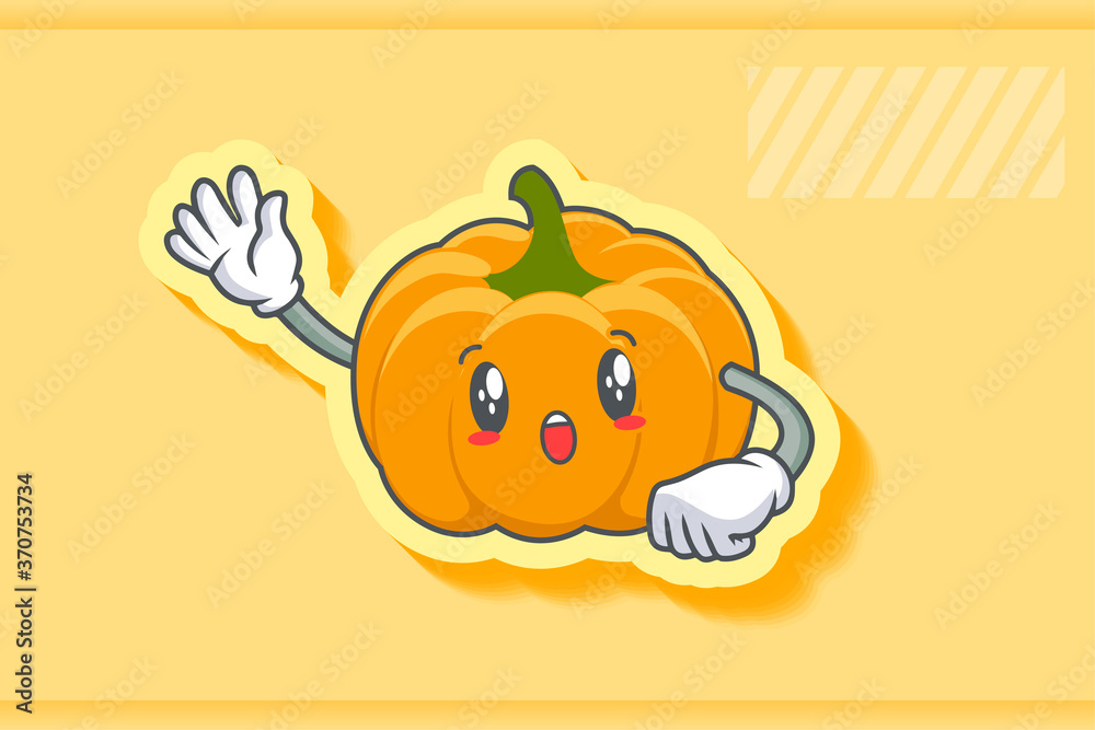 WOW, SURPRISED, AMAZED, DISMAY Face Emotion. Waving Hand Gesture. Yellow, Orange Pumpkin Fruit Cartoon Drawing Mascot Illustration.