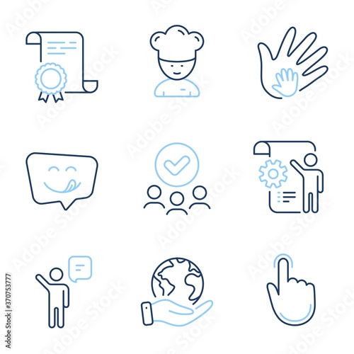 Cooking chef, Hand click and Yummy smile line icons set. Diploma certificate, save planet, group of people. Settings blueprint, Social responsibility and Agent signs. Vector