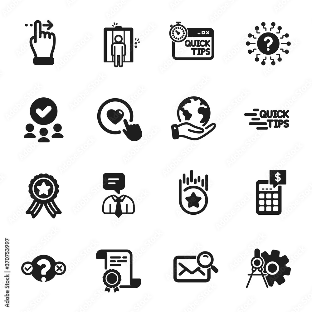 Set of Technology icons, such as Education, Question mark. Certificate, approved group, save planet. Quick tips, Like button, Search mail. Touchscreen gesture, Support service, Quiz test. Vector Set of Technology icons, such as Education, Question mark. Certificate, approved group, save planet. Quick tips, Like button, Search mail. Touchscreen gesture, Support service, Quiz test. Vector