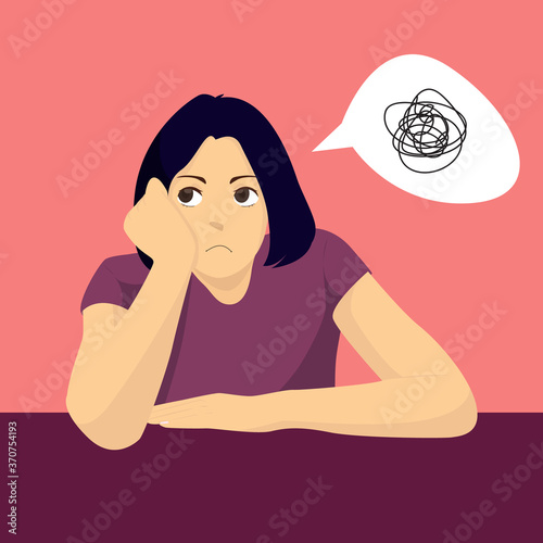 Bored woman thinking something, with confused mark
