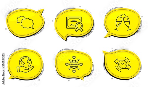 Timer sign. Diploma certificate, save planet chat bubbles. Champagne glasses, Logistics network and Messenger line icons set. Chin-chin, International tracking, Speech bubble. Stopwatch. Vector