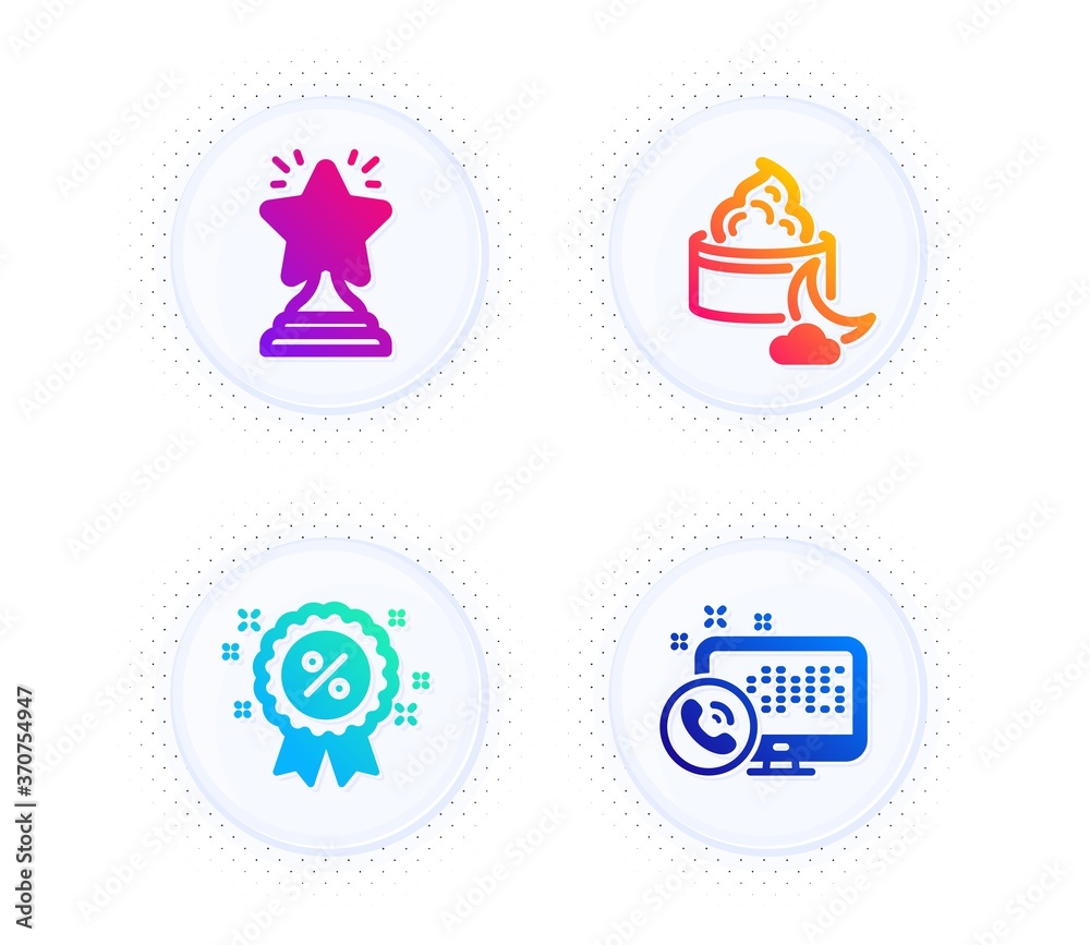 Night cream, Winner and Discount icons simple set. Button with halftone dots. Web call sign. Face lotion, Best star, Sale shopping. Phone support. Business set. Gradient flat night cream icon. Vector