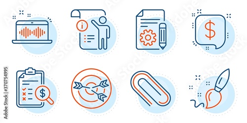 Paper clip, Targeting and Music making signs. Paint brush, Manual doc and Payment message line icons set. Accounting report, Documentation symbols. Creativity, Project info. Education set. Vector