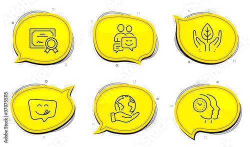 Fair trade sign. Diploma certificate, save planet chat bubbles. Time management, Yummy smile and Communication line icons set. Teamwork clock, Emoticon, Business messages. Safe nature. Vector