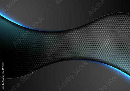 Futuristic technology abstract perforated background with neon glowing wavy lines. Vector design