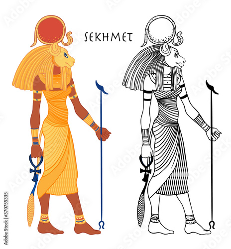 Sekhmet, the goddess of the sun, fire plagues, healing and war In Egyptian mythology. Vector isolated illustration. A woman with the head of a lion and the sun disk above her.
