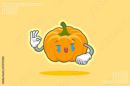 CRYING, SAD, SOB, CRY Face Emotion. Nice Hand Gesture. Yellow, Orange Pumpkin Fruit Cartoon Drawing Mascot Illustration.