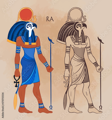 Portrait of Ra, Egyptian god of sun. Most important god in Ancient Egypt. Also known as Amun-Ra and Ra-Horakhty. Vector isolated illustration. Man with the head of a Hawk and the sun disk above him.