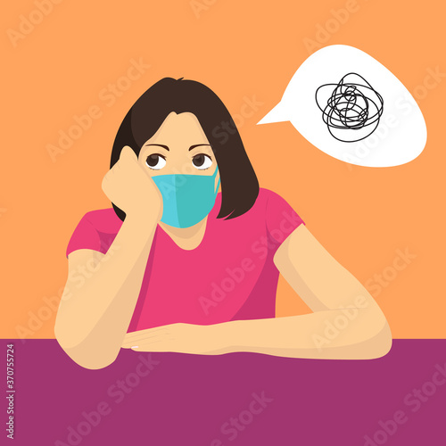 bored woman thinking something while wearing face mask