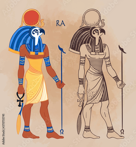 Portrait of Ra, Egyptian god of sun. Most important god in Ancient Egypt. Also known as Amun-Ra and Ra-Horakhty. Vector isolated illustration. Man with the head of a Hawk and the sun disk above him.