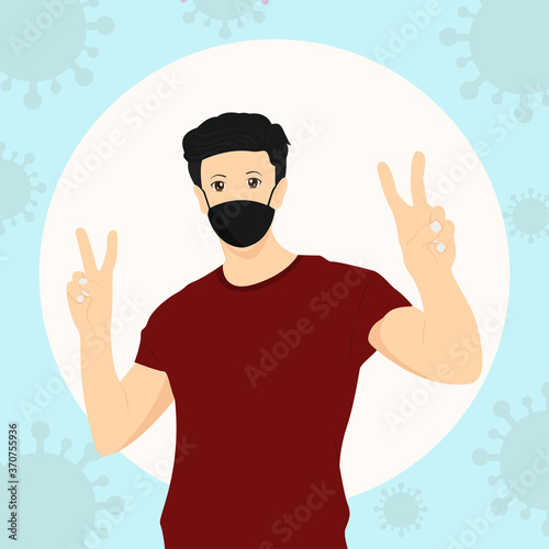 man posing peace sign while wearing a face mask