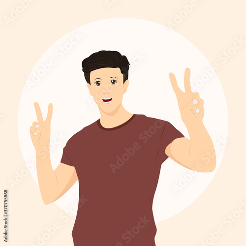man posing peace sign, cheerful.